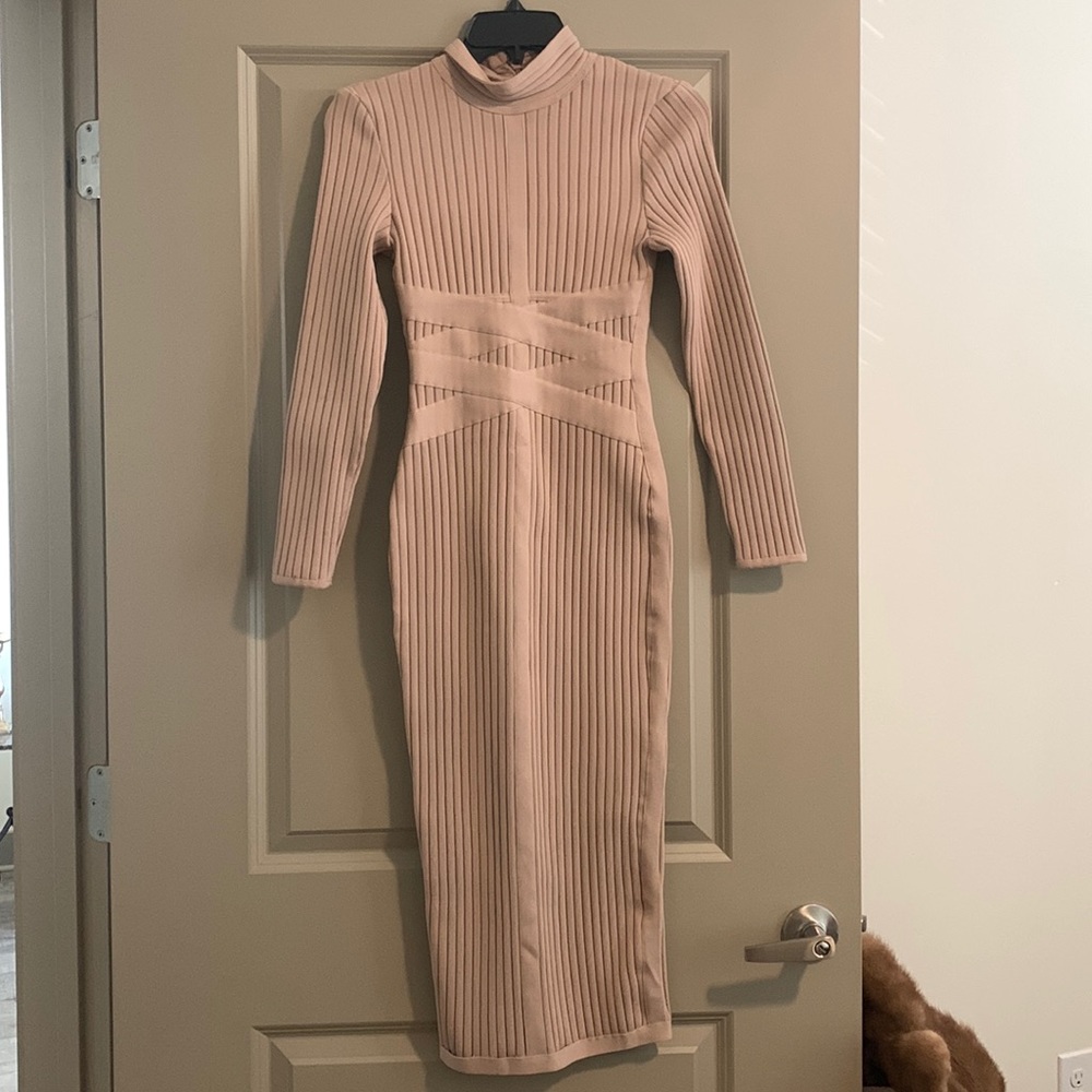 Thick nude knitted knee length long sleeve bandage bodycon dress